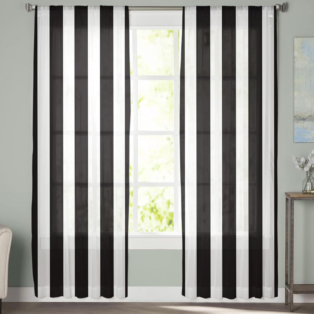 Black Striped Rod Pocket Sheer Curtains 2 Panels