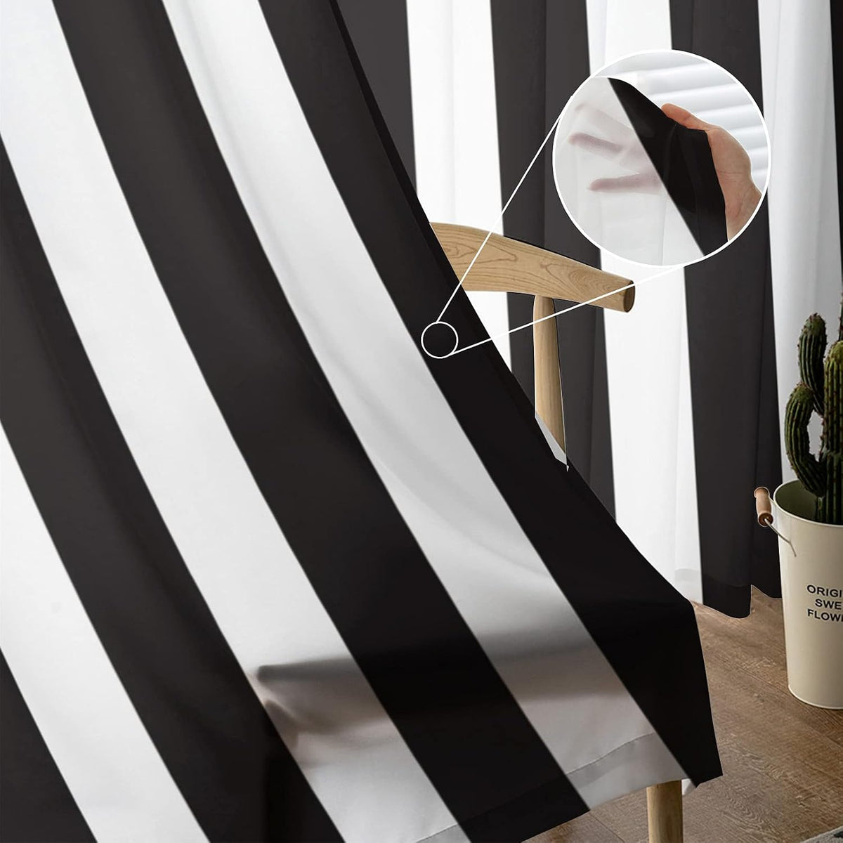 Black Striped Rod Pocket Sheer Curtains 2 Panels