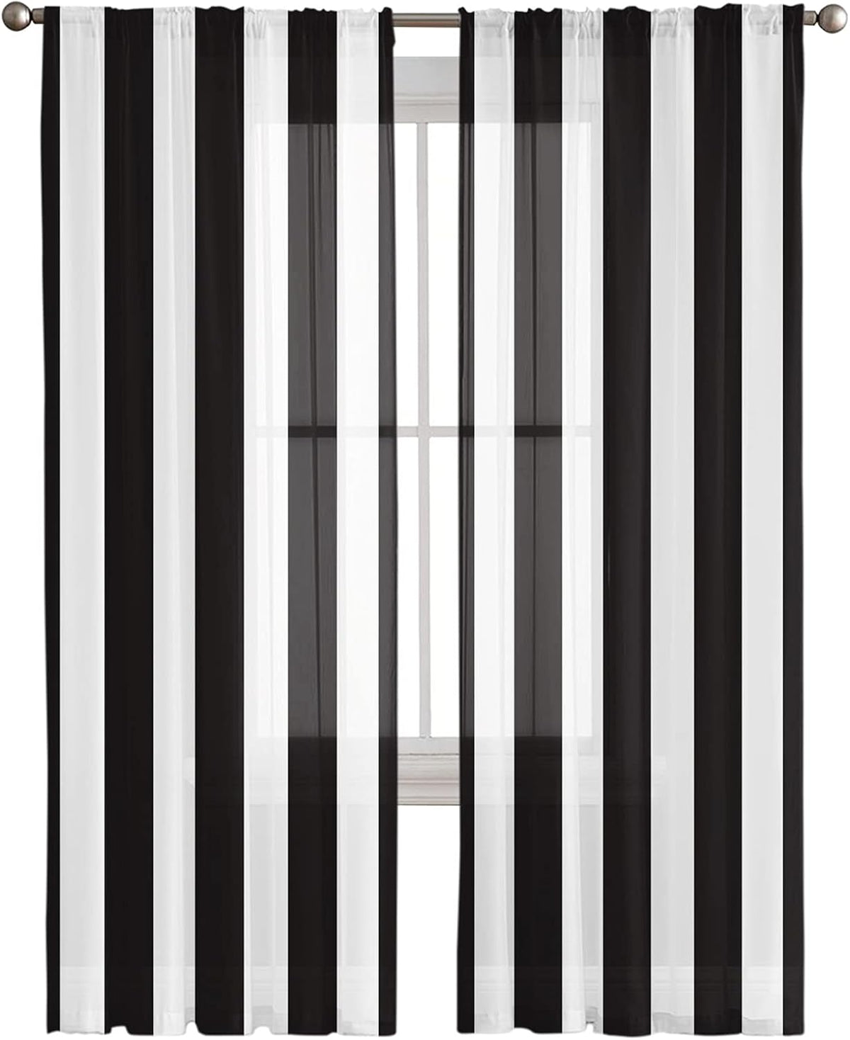 Black Striped Rod Pocket Sheer Curtains 2 Panels