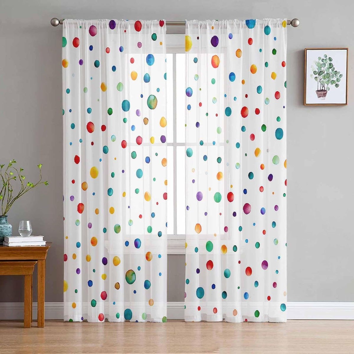 Dot Rod Pocket Semi Sheer Curtains 2 Panels