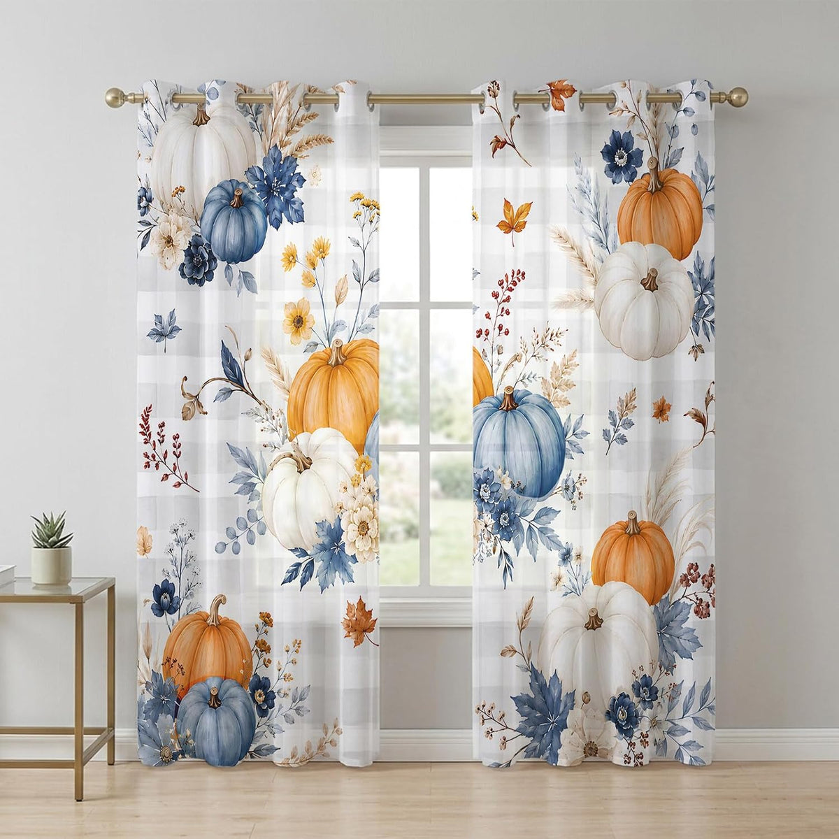 Fall Pumpkin Grommet Sheer Curtains 2 Panels