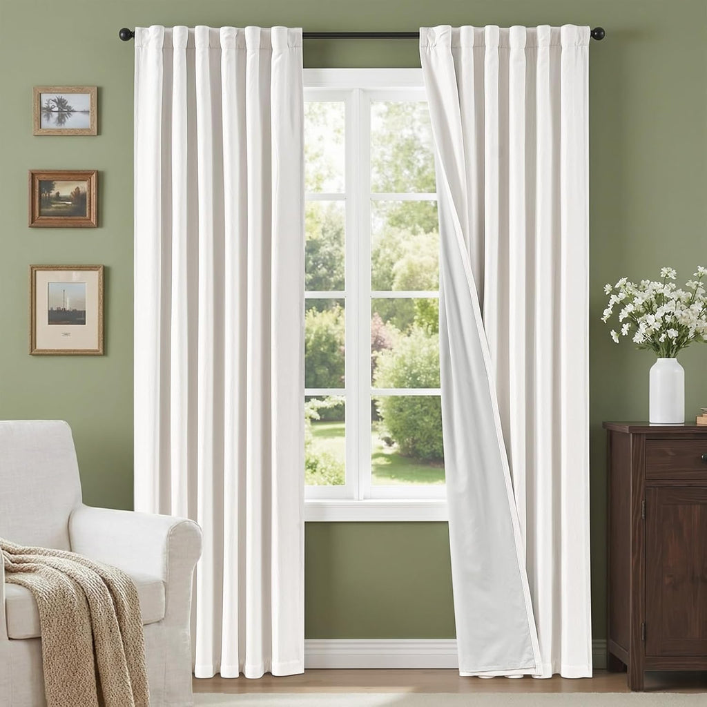 Linen White Back Tab Blackout Curtains 2 Panels