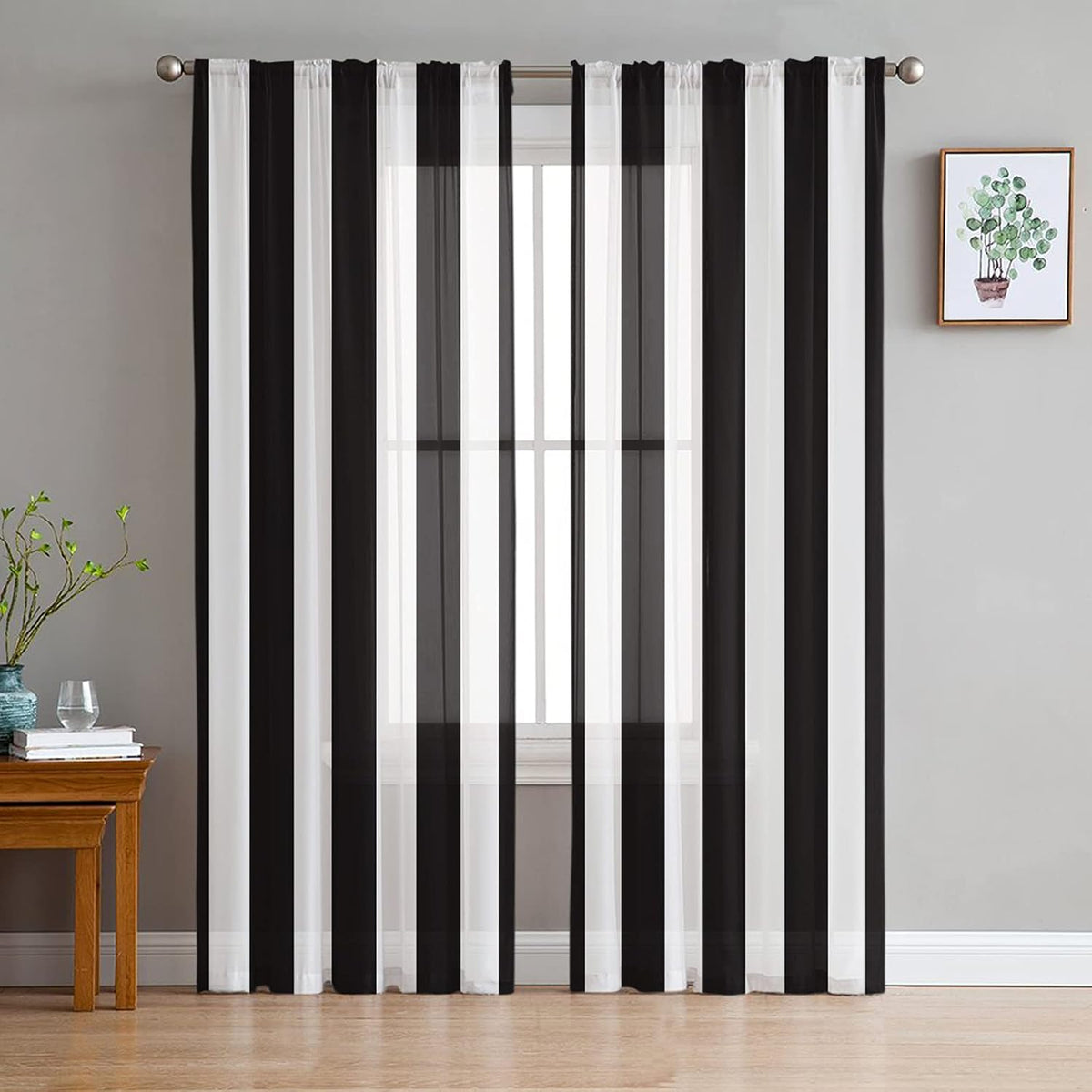 Black Striped Rod Pocket Sheer Curtains 2 Panels