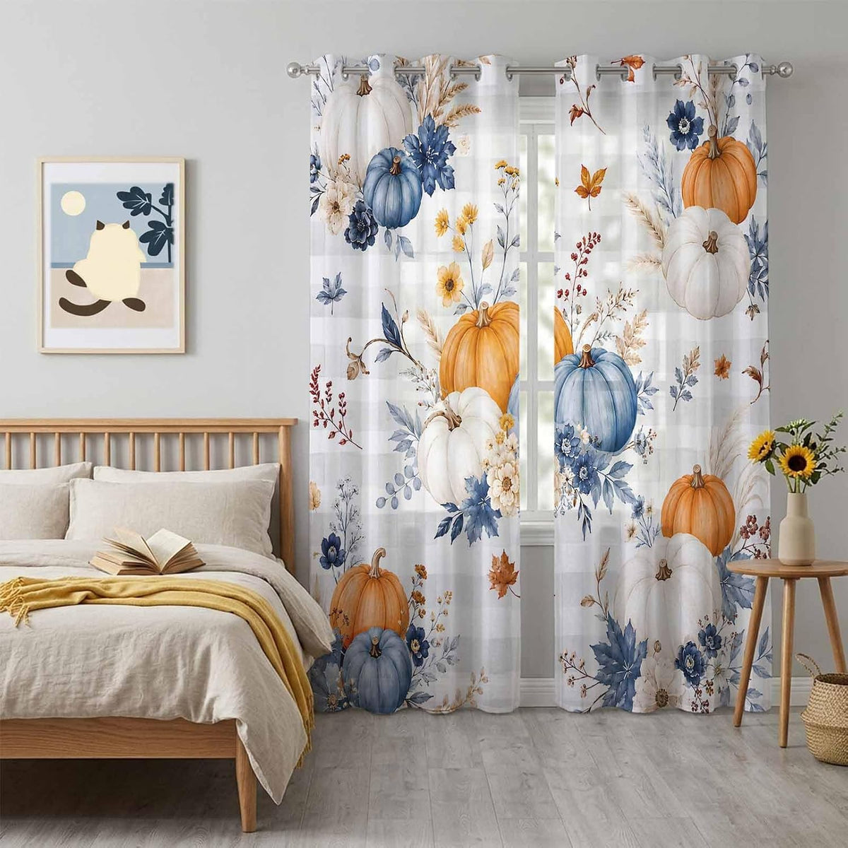 Fall Pumpkin Grommet Sheer Curtains 2 Panels