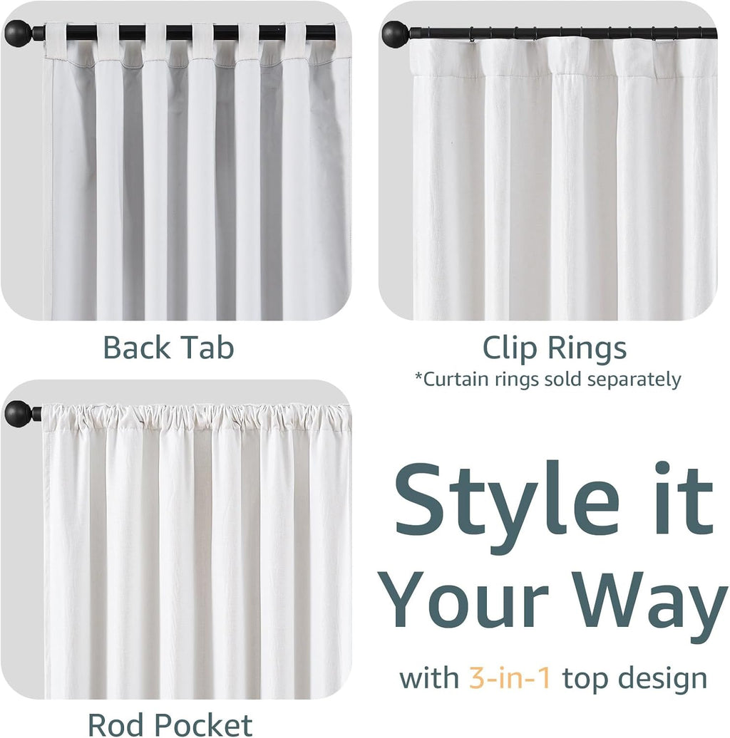 Linen White Back Tab Blackout Curtains 2 Panels