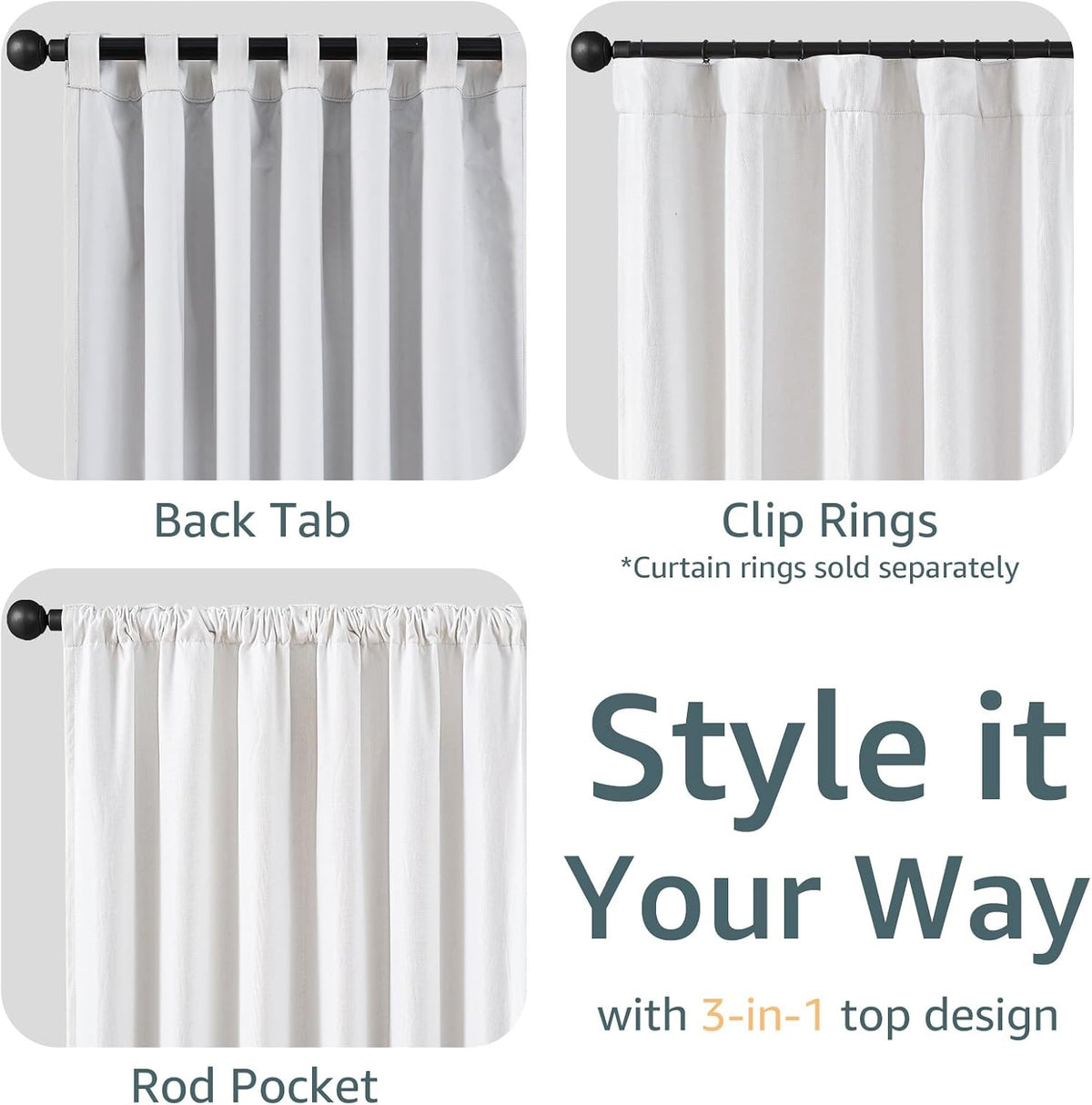 Linen White Back Tab Blackout Curtains 2 Panels