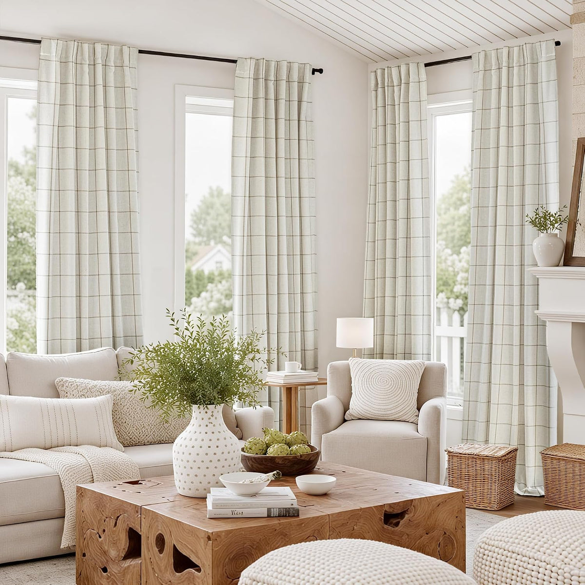 Plaid Linen Blackout Curtains 2 Panels