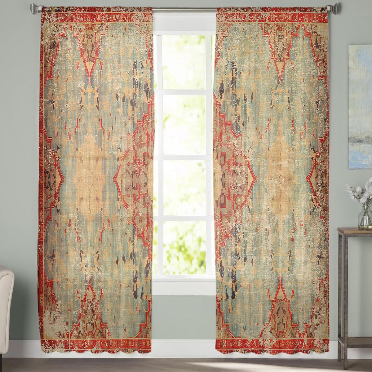 Boho Geometric Rod Pocket Semi Sheer Curtains 2 Panels