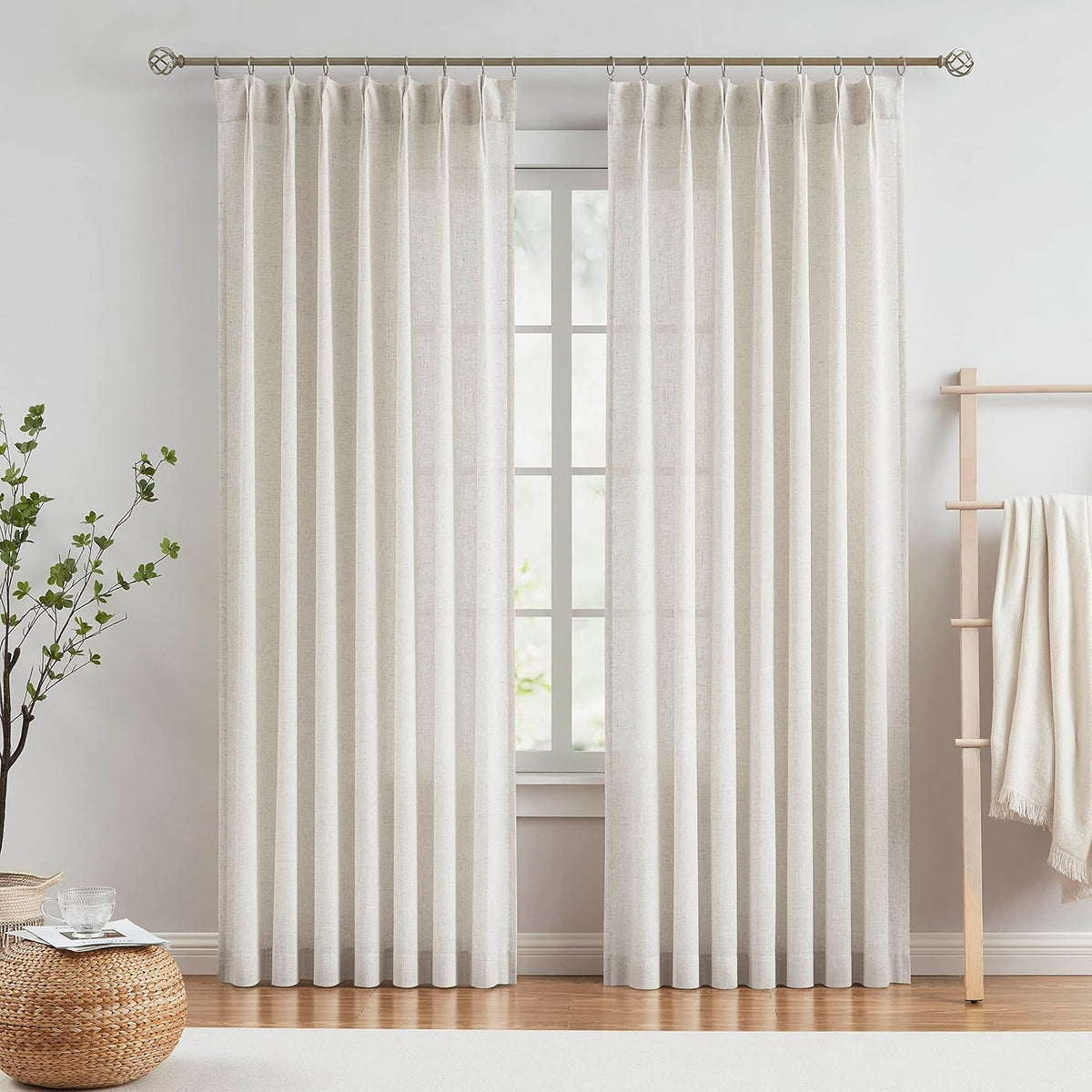 Linen Pinch Pleated Semi Sheer Curtains 2 Panels