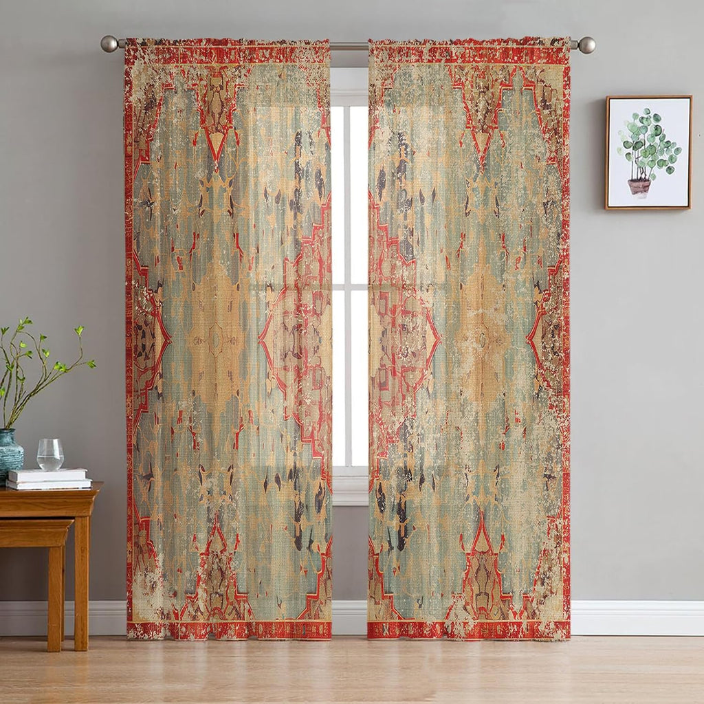 Boho Geometric Rod Pocket Semi Sheer Curtains 2 Panels