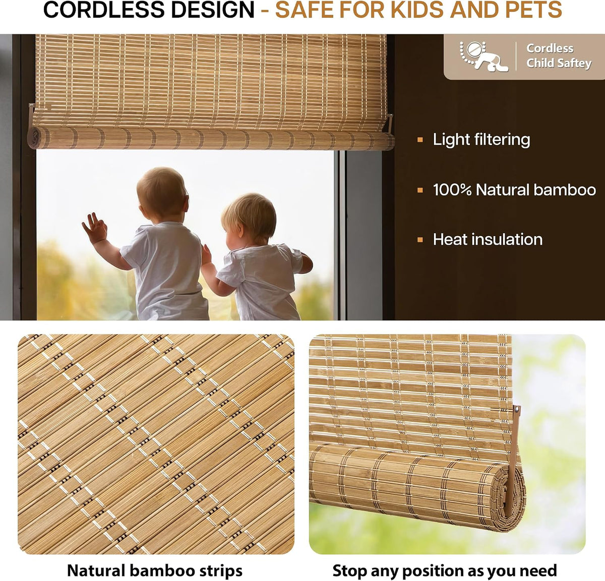No Drill Bamboo Roller Shades