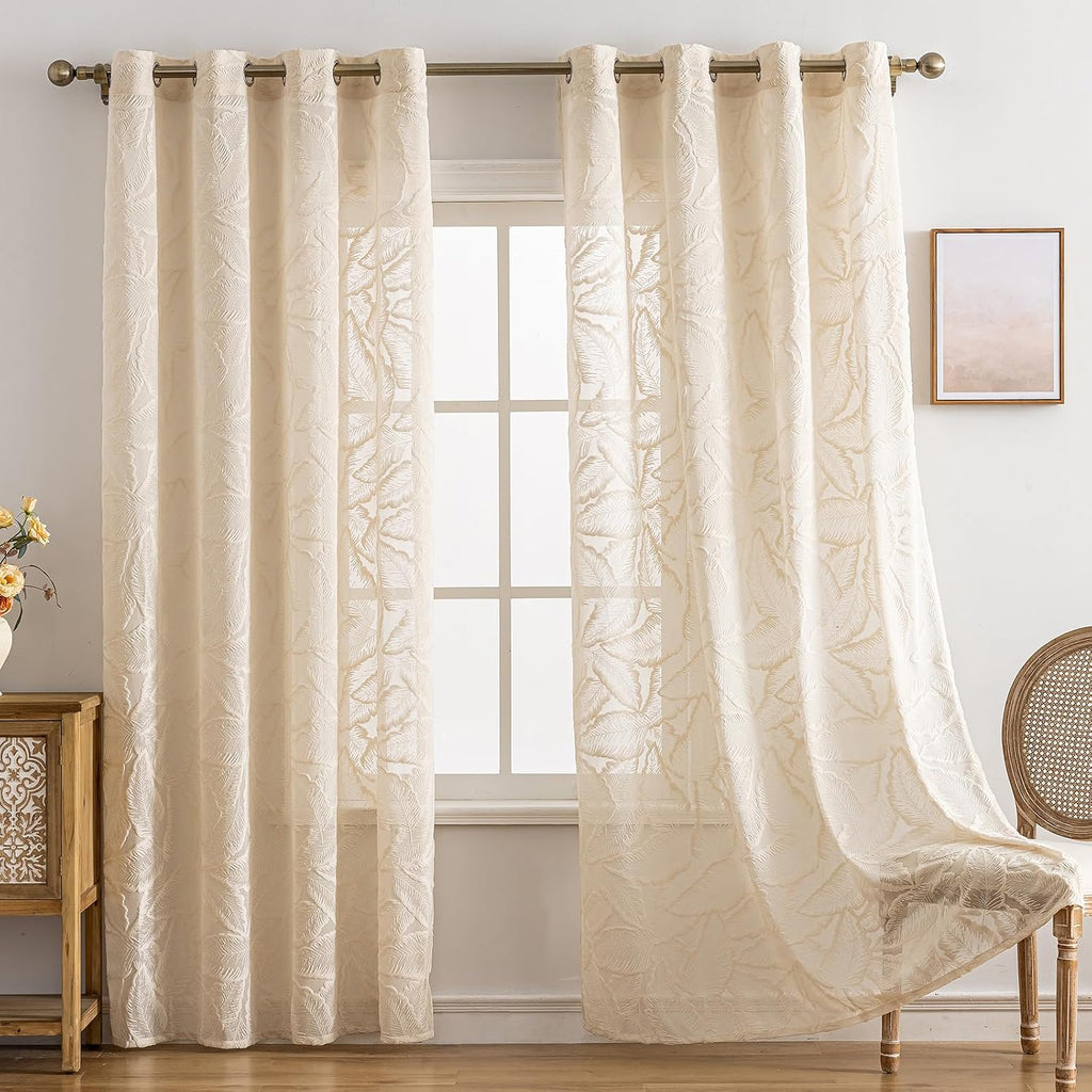 Boho Leaf Tufted Grommet Sheer Curtains