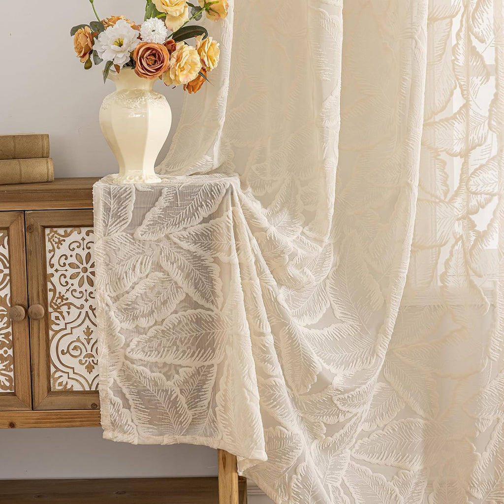 Boho Leaf Tufted Grommet Sheer Curtains