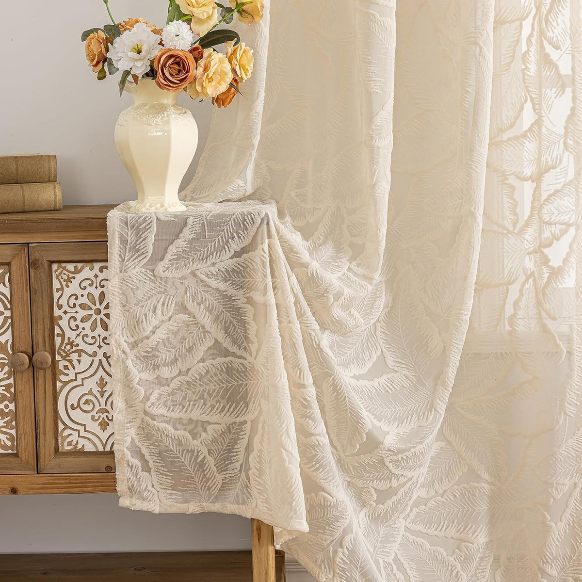 Boho Leaf Tufted Grommet Sheer Curtains