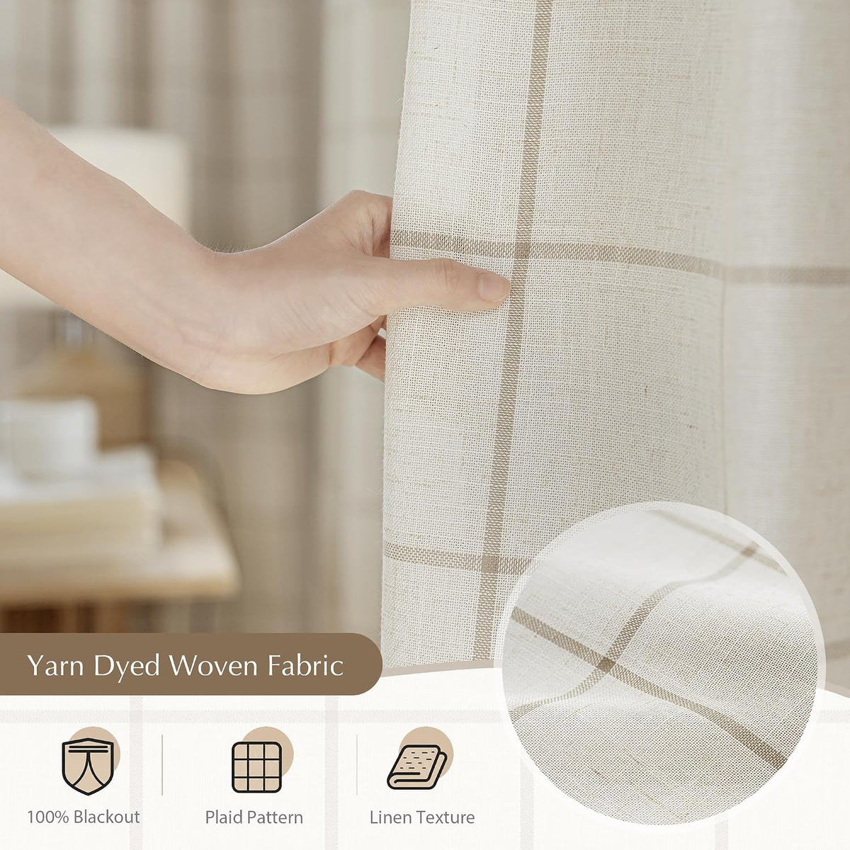 Plaid Linen Blackout Curtains 2 Panels