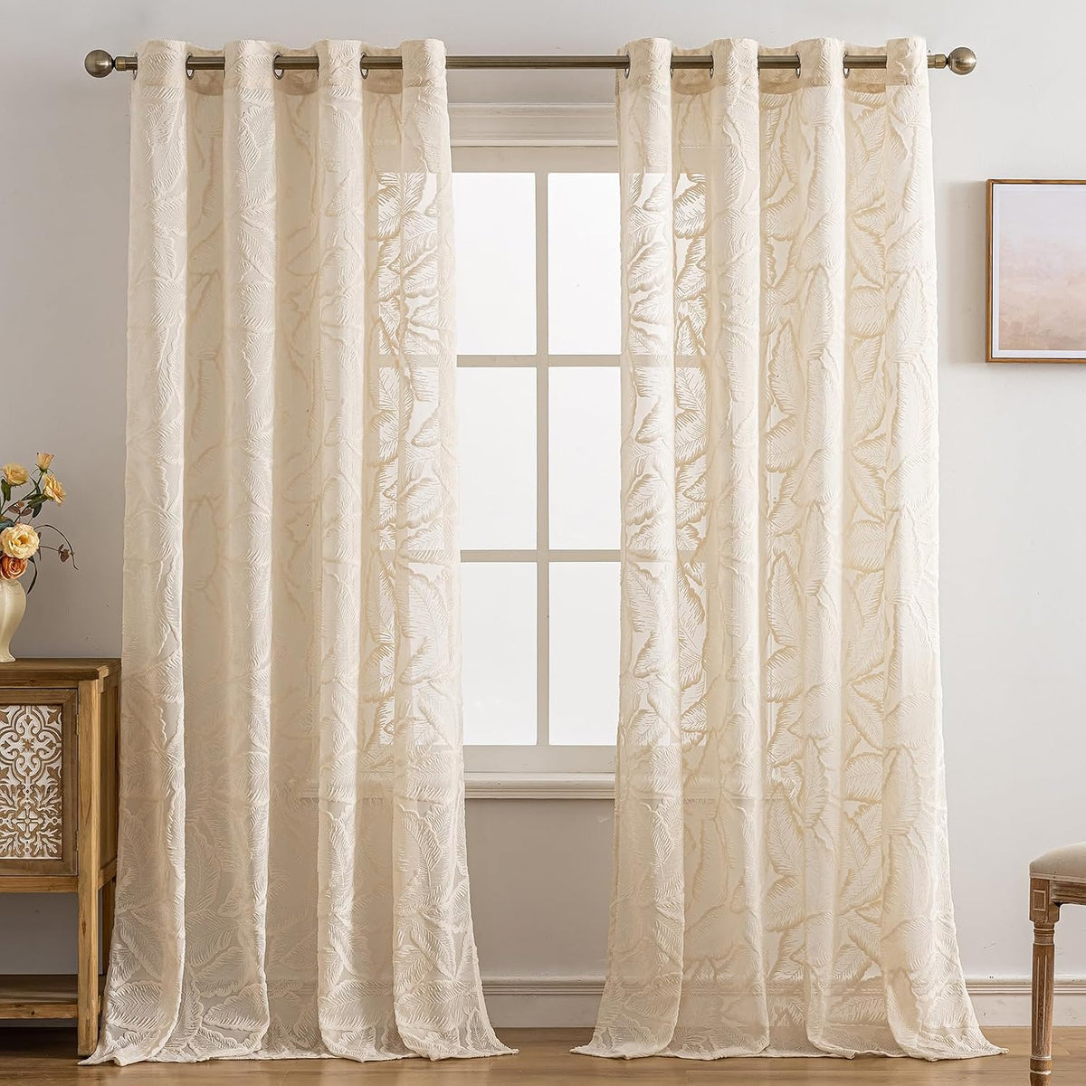 Boho Leaf Tufted Grommet Sheer Curtains