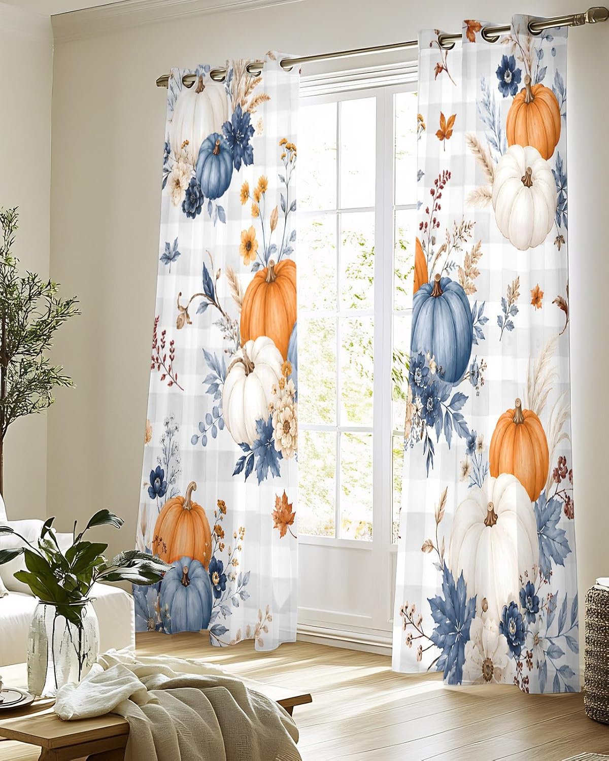 Fall Pumpkin Grommet Sheer Curtains 2 Panels