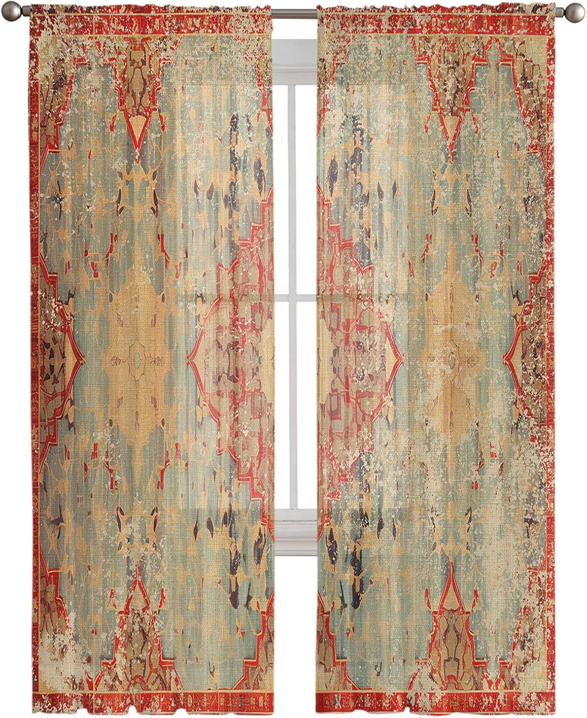 Boho Geometric Rod Pocket Semi Sheer Curtains 2 Panels
